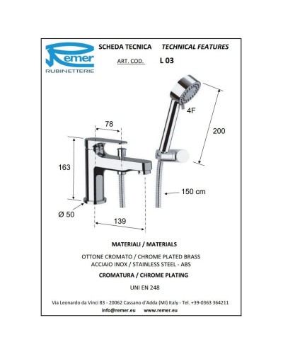 Смеситель на борт ванны Remer Class Line L03