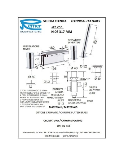 Смеситель на борт ванны Remer Minimal N06317MM