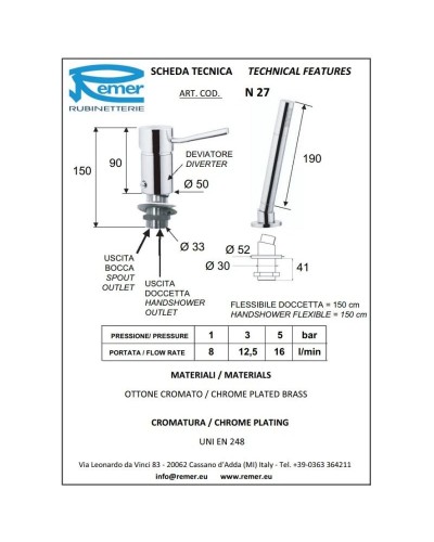 Смеситель на борт ванны Remer Minimal N27