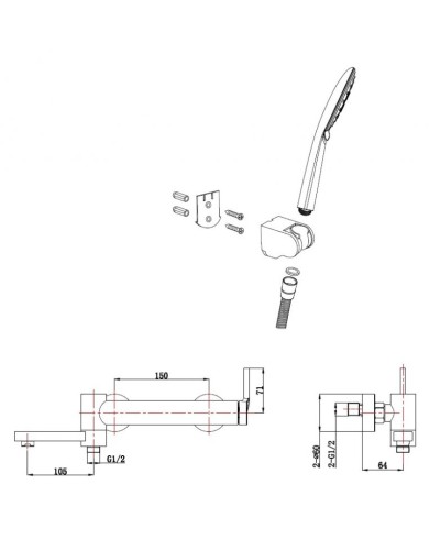 Смеситель для ванны и душа с поворотным изливом, держателем и ручным душем BelBagno ETNA ETN-SET-VDH-IN