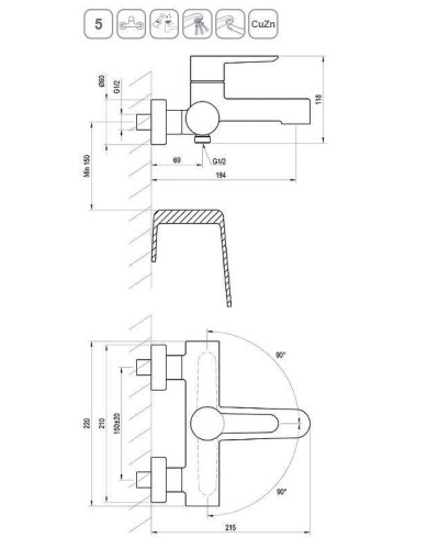 Смеситель для ванны Ravak Puri PU 022.20/150 X070185 Черный матовый