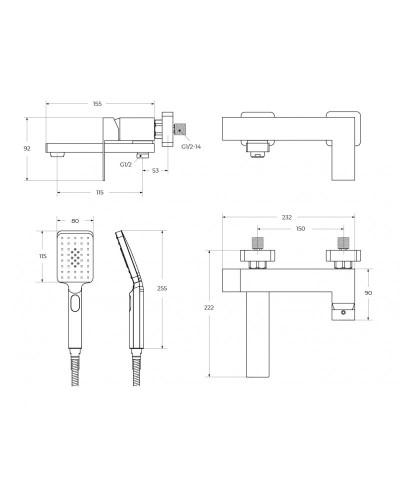 Смеситель для ванны и душа в комплекте с ручным душем, шлангом и держателем CEZARES SLIDER-VD-IN