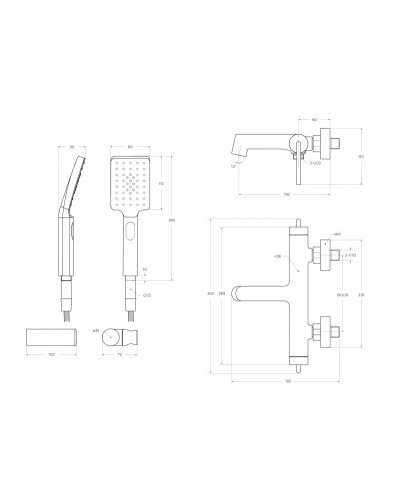 Смеситель для ванны и душа в комплекте с ручным душем, шлангом и держателем BelBagno ACQUA-VASM/DFS-CRM
