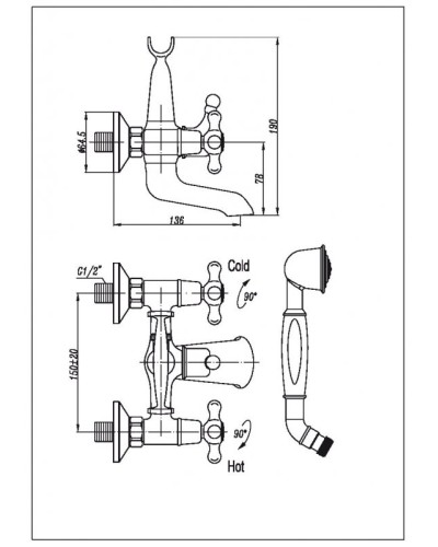 Смеситель для ванны с ручным душем CEZARES RETRO-C-VD1-03