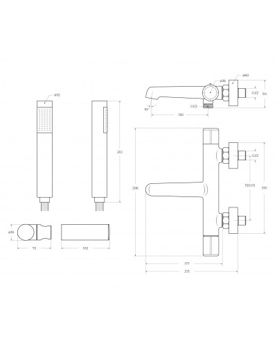 Смеситель для ванны и душа в комплекте с ручным душем, шлангом и держателем BelBagno UNO-VASM/DFS-CRM