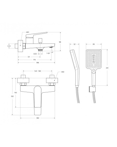 Смеситель для ванны и душа в комплекте с ручным душем, шлангом и держателем BelBagno ARDENTE-VASM-CRM