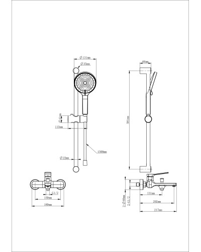 Смеситель для ванны с душевым гарнитуром WONZON & WOGHAND, Черный матовый (WW-C2036-MB)
