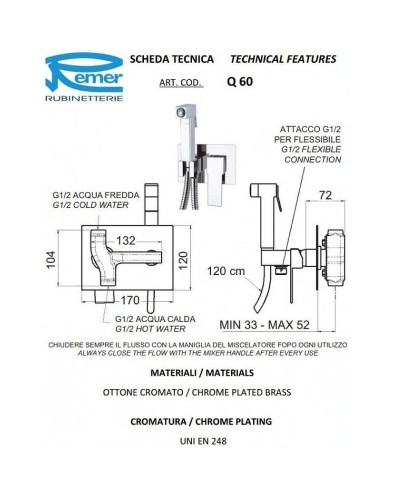 Гигиенический душ со смесителем Remer Qubica Q60 Хром
