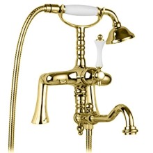 Смеситель на борт ванны с ручным душем золото 24 карат, ручка белая Cezares Margot MARGOT-PBV2-03/24-Bi