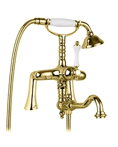 Смеситель на борт ванны с ручным душем золото 24 карат, ручка белая Cezares Margot MARGOT-PBV2-03/24-Bi