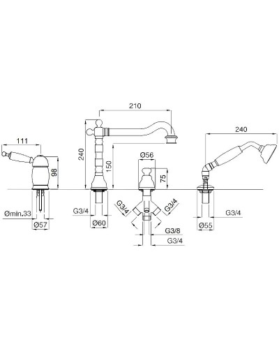 Смеситель на борт ванны Migliore Oxford 19213 Состаренный хром