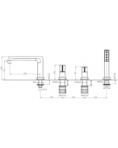 Смеситель на борт ванны с ручным выдвижным душем BelBagno UNO-BVD4-NERO