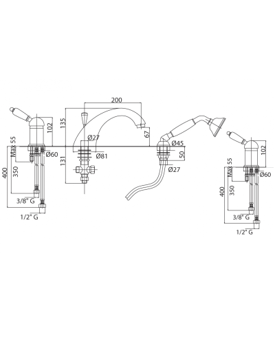 Смеситель на борт ванны с выдвижным душем и переключателем CEZARES ELITE-BVDM-02-Nc