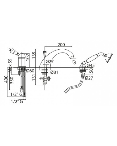 Смеситель на борт ванной с выдвижным душем и переключателем CEZARES VINTAGE-BVDM-03/24-Sw