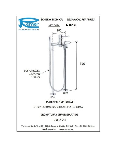 Смеситель напольный для ванны Remer Minimal N02XL