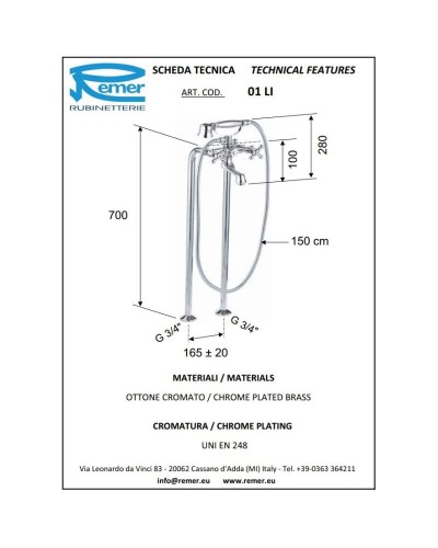 Смеситель напольный для ванны Remer Liberty 01LICE