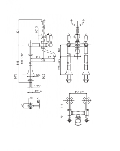 Напольный смеситель для ванны с кронштейном для слива-перелива CEZARES FIRST-VDPS-02-Bi