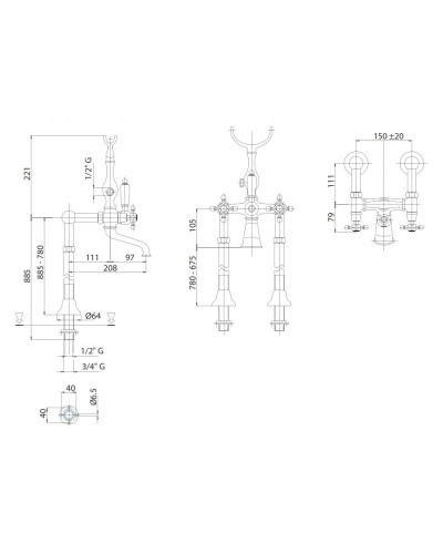 Напольный смеситель для ванны с ручным душем шлангом 150см CEZARES LORD-VDP-02-M
