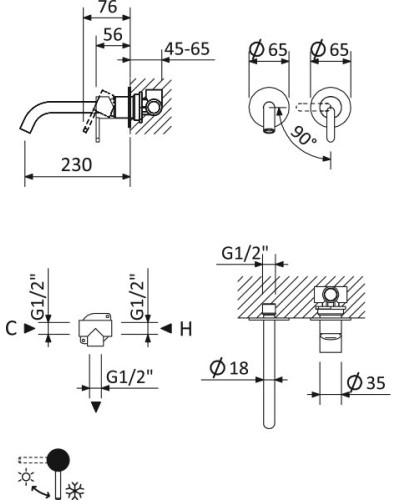 Смеситель для раковины встраиваемый однорычажный с тонкой ручкой CEZARES LEAF-BLI2-L-BIO белый матовый