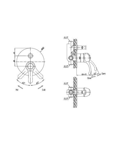 Встраиваемый однорычажный смеситель для ванны с душем золото, ручка золото Cezares Lira LIRA-VDIM-03