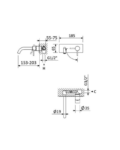 Смеситель для раковины встраиваемый однорычажный, с тонкой ручкой CEZARES LEAF-BLI1-20-L-SS