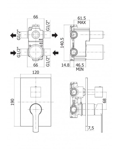 Встраиваемый смеситель для душа с поворотным переключателем на 3 выхода CEZARES OVEST-DEV3-NOP