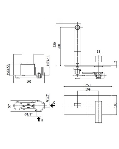 Смеситель для раковины встраиваемый однорычажный, излив 15 см CEZARES EFFECT-BLI-15-01