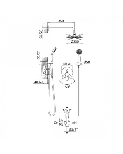 Душевая система с дивиатором для верхнего и ручного душа верхний душ из стены CEZARES CZR-B-DSIP-01