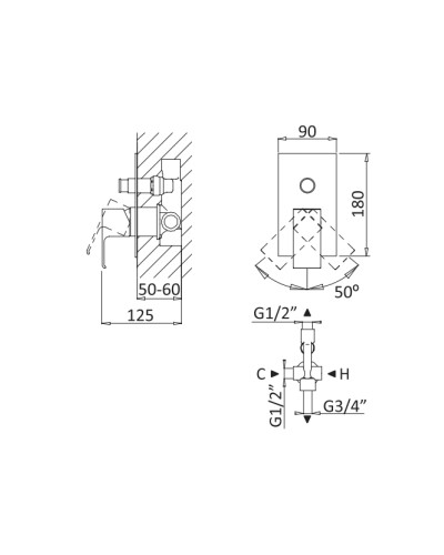 Встраиваемый однорычажный смеситель для душа с переключателем CEZARES PORTA-VDIM-NOP