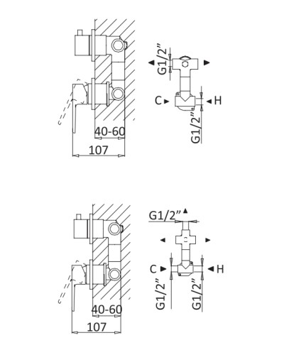 Встраиваемый смеситель для душа с поворотным переключателем на 2 выхода CEZARES NAUTIC-VDIM2-M-NOP