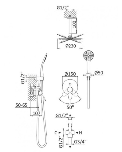 Душевая система с дивиатором для верхнего и ручного душа, потолочный верхний душ CEZARES CZR-B-DSIS-01