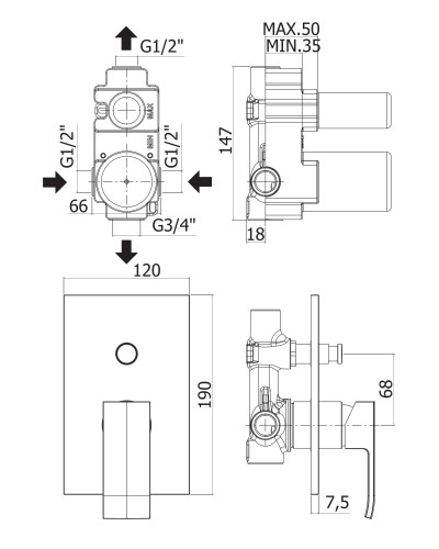 Встраиваемый однорычажный смеситель для душа с переключателем CEZARES EFFECT-VDIM-01
