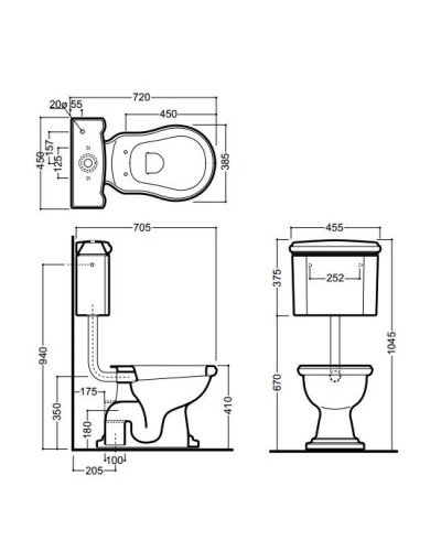 Бачок низкий для унитаза с боковым отверстием для ручки смыва Kerasan Retro 107201