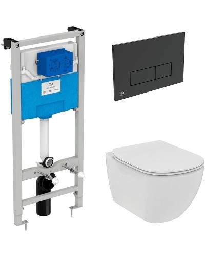 Комплект унитаза с инсталляцией Ideal Standard Tesi Rimless TT00003/121A6 с сиденьем Микролифт и Черной матовой клавишей смыва