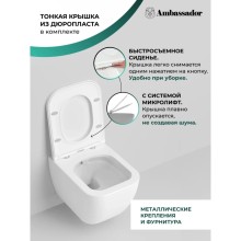 Унитаз подвесной Ambassador Forsa 243K19002RS безободковый, с сиденьем микролифт, белый глянец