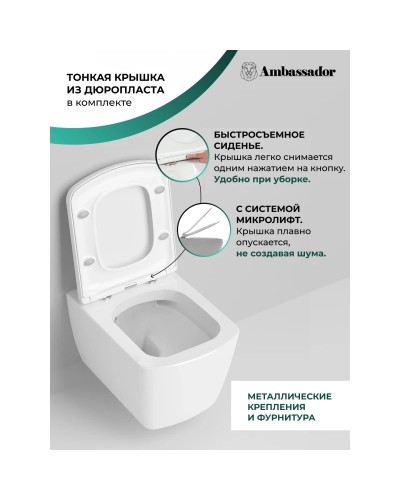 Унитаз подвесной Ambassador Kingston 143K19003RS безободковый, с сиденьем микролифт, белый глянец