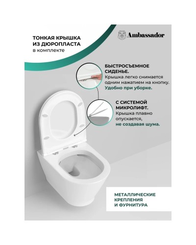 Унитаз подвесной Ambassador Elysium 183K19002RS безободковый, с сиденьем микролифт, белый глянец