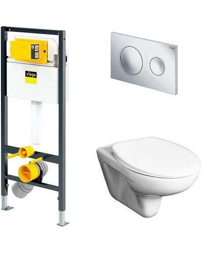 Комплект унитаза Roca Mateo 346200000+ZRU9302815 с инсталляцией Viega Prevista Dry 792855 с сиденьем и клавишей смыва Хром