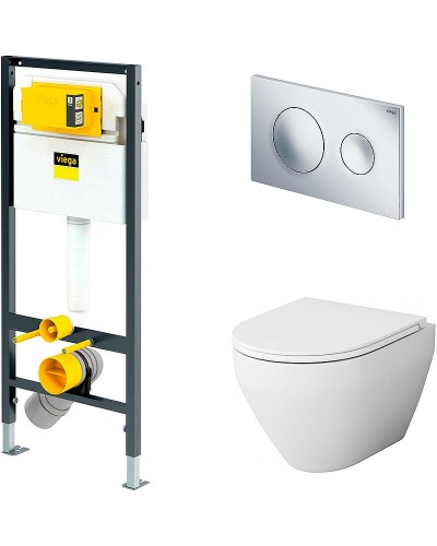 Комплект унитаза AM.PM Spirit FlashClean C701700WH + C707857WH с инсталляцией Viega Prevista Dry 792855 с сиденьем Микролифт и клавишей смыва Хром