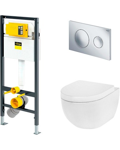 Комплект унитаза AM.PM Awe C111738WH+C117852WH с инсталляцией Viega Prevista Dry 792855 с сиденьем Микролифт и клавишей смыва Хром