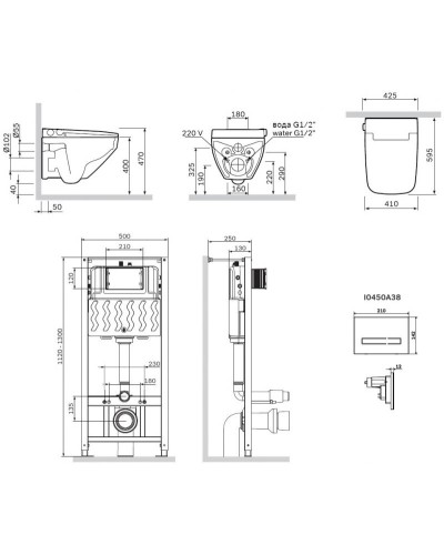 Комплект унитаза с инсталляцией AM.PM Inspire V2.0 FlashClean IS450A38.CCC50A с электронным сиденьем Микролифт с функцией биде и Черной клавишей смыва