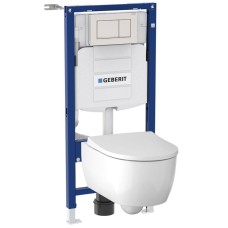 Комплект унитаза с инсталляцией Geberit iCon T54 Rimfree 500.300.01.I с сиденьем Микролифт и Белой клавишей смыва