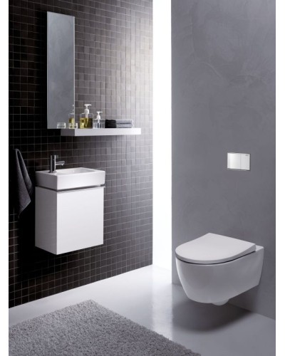 Комплект унитаза с инсталляцией Geberit iCon T54 Rimfree 500.300.01.I с сиденьем Микролифт и Белой клавишей смыва