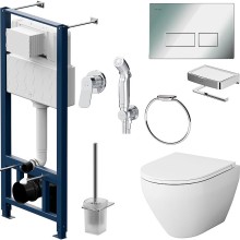 Комплект унитаза с инсталляцией AM.PM Spirit V2.0 CK70HA с сиденьем Микролифт с клавишей смыва Хром с гигиеническим душем и аксессуарами для ванной к
