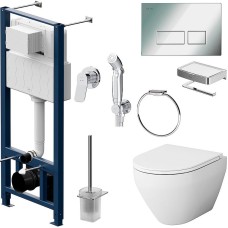 Комплект унитаза с инсталляцией AM.PM Spirit V2.0 CK70HA с сиденьем Микролифт с клавишей смыва Хром с гигиеническим душем и аксессуарами для ванной к