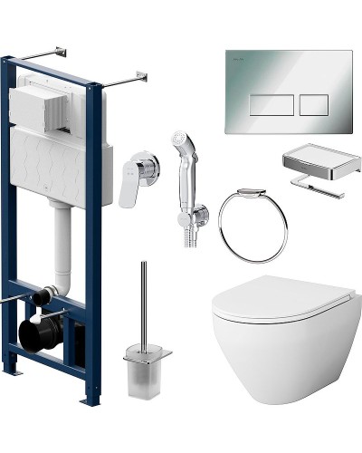 Комплект унитаза с инсталляцией AM.PM Spirit V2.0 CK70HA с сиденьем Микролифт с клавишей смыва Хром с гигиеническим душем и аксессуарами для ванной к