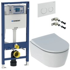 Комплект унитаза с инсталляцией Geberit iCon Rimfree 500.060.TC.I с сиденьем Микролифт и Белой матовой клавишей смыва