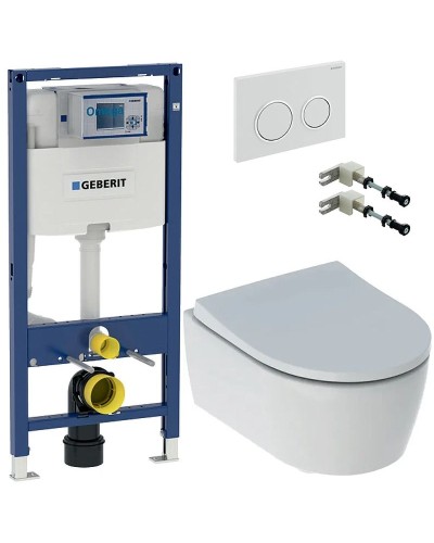 Комплект унитаза с инсталляцией Geberit iCon Rimfree 500.060.TC.I с сиденьем Микролифт и Белой матовой клавишей смыва