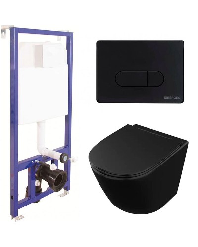 Комплект унитаза Owl 1975 Vind Cirkel-H OWLT190305 с инсталляцией Berges Wasserhaus Novum D5 040235 с сиденьем Микролифт и Черной матовой клавишей смыва