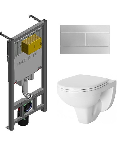 Комплект унитаза Damixa Jupiter  DX77C1738SC с сиденьем Микролифт и инсталляцией Jacob Delafon E29025-NF+E4316-CP с клавишей смыва Хром